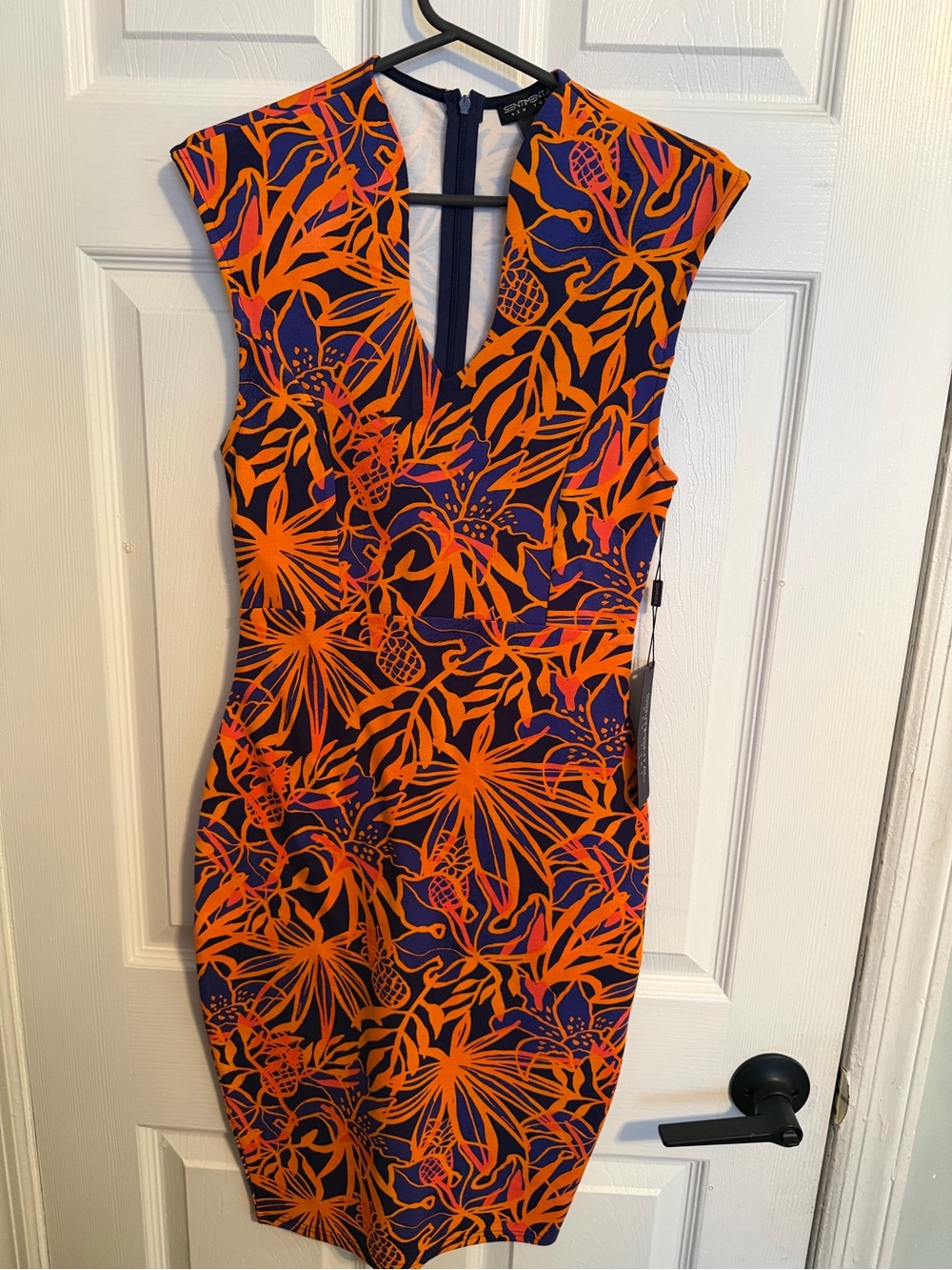 V-Neck Floral Midi Sheath Dress in Orange and Navy by Ann Taylor